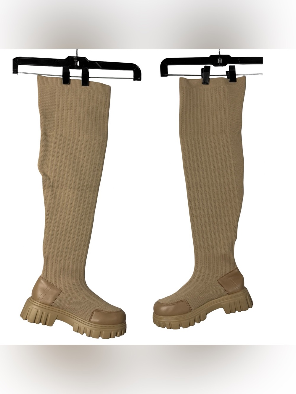 Cuccoo Ribbed Knit Thigh-High Lug Sock Boots Beige Size Women's 10